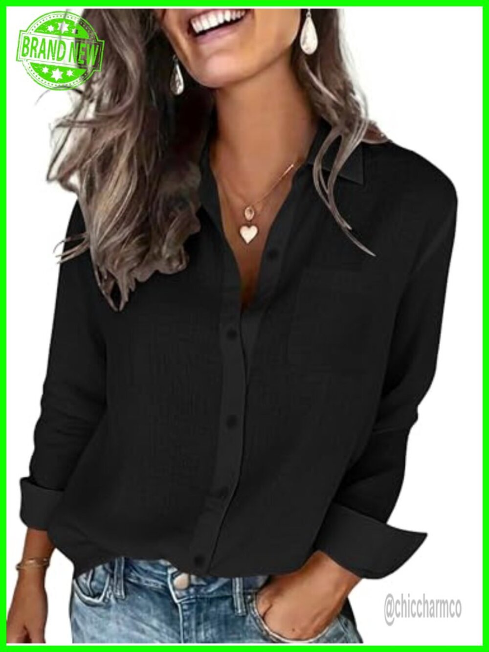 Cotton Linen Textured Button Down Shirt Long Sleeve Collared Blouse with Pocket